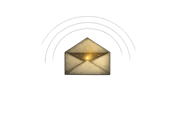 An open envelope with a glowing ember inside, surrounded by protective arcs.